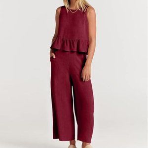 Solid Color Outfits Sleeveless Ruffle Tank Crop & Wide Wide Leg Pants w/Pockets